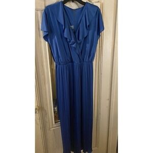 Vintage Blue Dress With Pleated Skirt & Ruffle Top